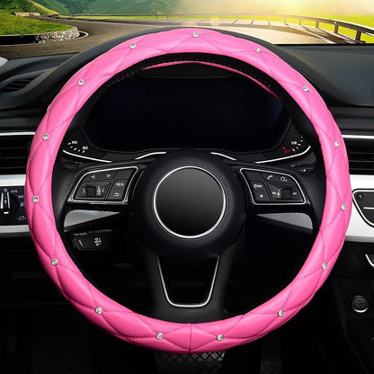 KAFEEK Diamond Leather Steering Wheel Cover with Bling Bling Crystal Rhinestones, Universal 15 inch,Dark Pink