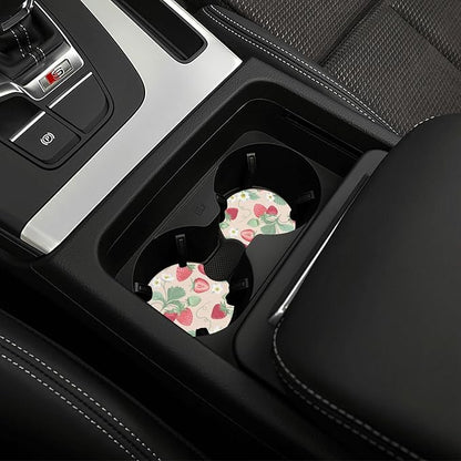 Strawberry Flowers Steering Wheel Cover - Strawberry Flower Steering Wheel Cover for Women Cute Car Breathable Universal for 14-15 Inch Anti-Slip 2 Pieces Car Coasters