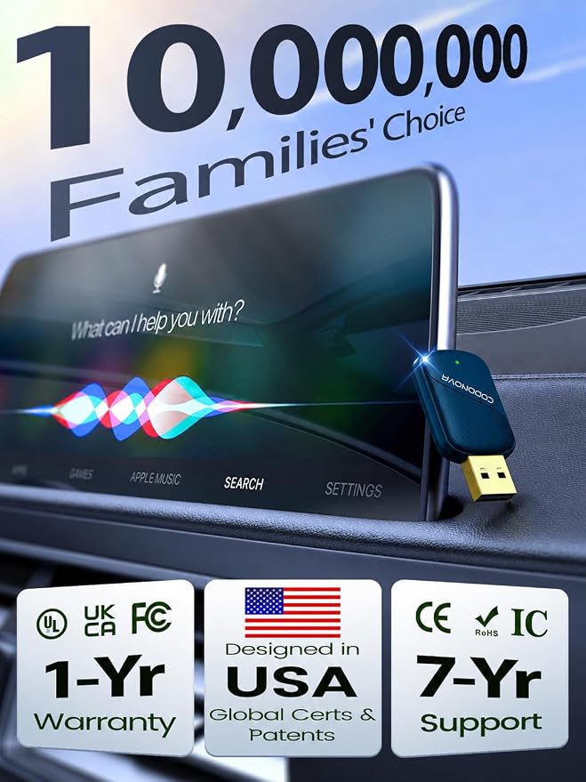 Wireless CarPlay Adapter for iPhone & Android Auto - Wired to Wireless Car Play Dongle, Gold-Plated USB, No Lag & Auto Reconnect for Daily Drive, Mini Size, Plug & Play with OEM Wired Cars 2016+