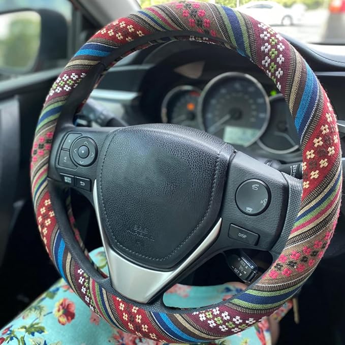 Boho Steering Wheel Cover for Women Men Baja Blanket Enthic Car Steering Wheel Cover Ethnic Car SUV Wheel Protector, Breathable, Anti-Slip, Odorless, Universal Fit 14.5-15 Inch