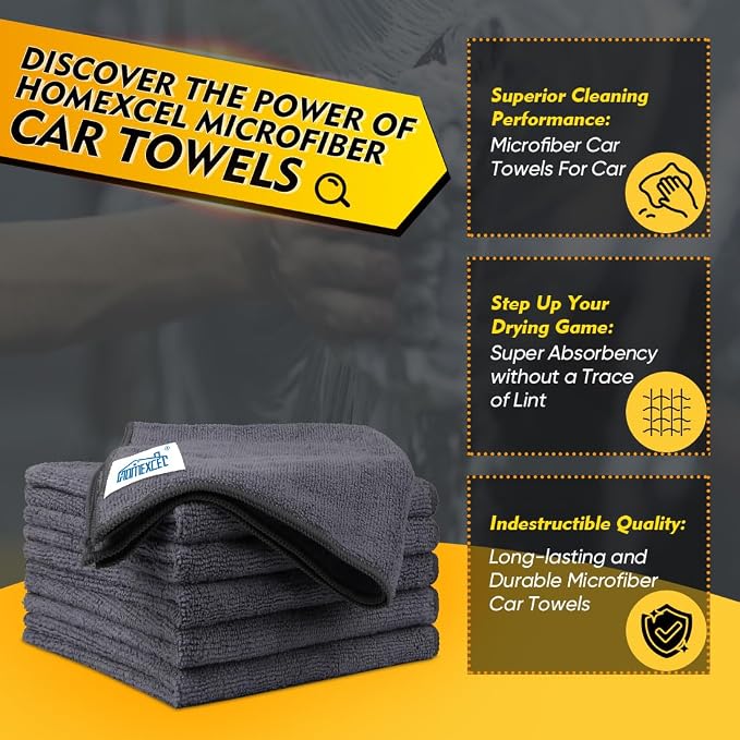 HOMEXCEL Grey Microfiber Cleaning Cloth 6 Pack, 12.5 x 12.5 inch Microfiber Towels for Cars, Ultra Absorbent Car Washing Cloth, Lint Free Streak Free Cleaning Rags for Car, Kitchen, and Window