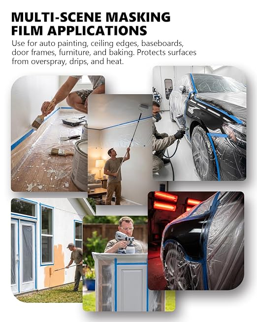 Pre-Taped Masking Film for Painting(1 Roll) - 44" x 66'Painters Plastic Sheeting with Tape and Drape, Painters Drop Cloth for Automotive & Home, Cover for Walls/Floors/Windows/Cars Protection
