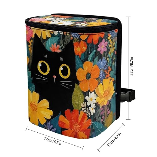 Talayituse Black Cat Daisy Flower Print Car Trash Can Portable Auto Garbage Bin Multifunctional Vehicle Interior Accessories with Adjustable Straps Universal Fit Truck SUV Sedan