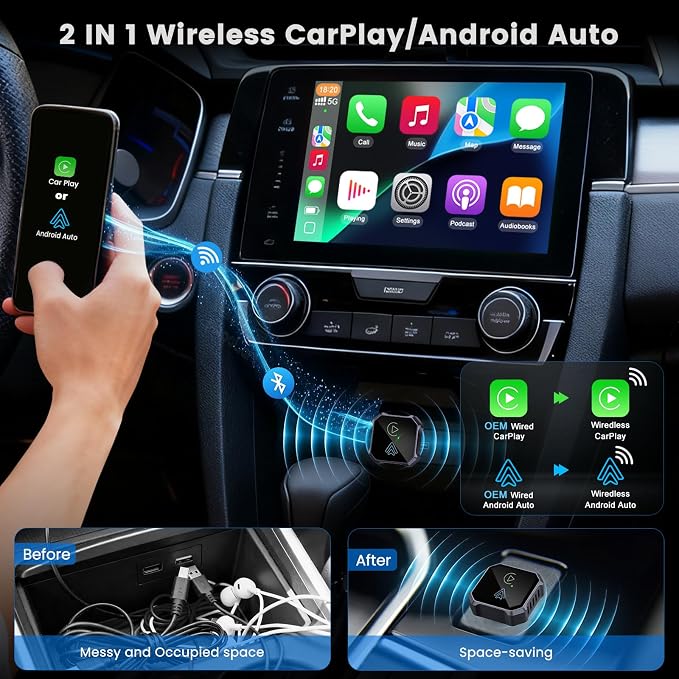 2-in-1 Wireless CarPlay Adapter for iPhone & Android Auto – Convert Wired CarPlay to Wireless, Plug & Play, Stable Connection for Daily Driving, USB & USB-C Support (Check Compatibility)