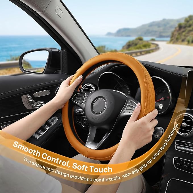 Zpana Car Steering Wheel Cover, 14.5-15" Breathable Soft Leather Vehicle Steering Wheel Protector with Anti-Slip Lining, Comfortable Auto Interior Decoration Accessories, Universal Fit (Orange)