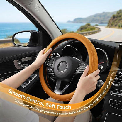Zpana Car Steering Wheel Cover, 14.5-15" Breathable Soft Leather Vehicle Steering Wheel Protector with Anti-Slip Lining, Comfortable Auto Interior Decoration Accessories, Universal Fit (Orange)