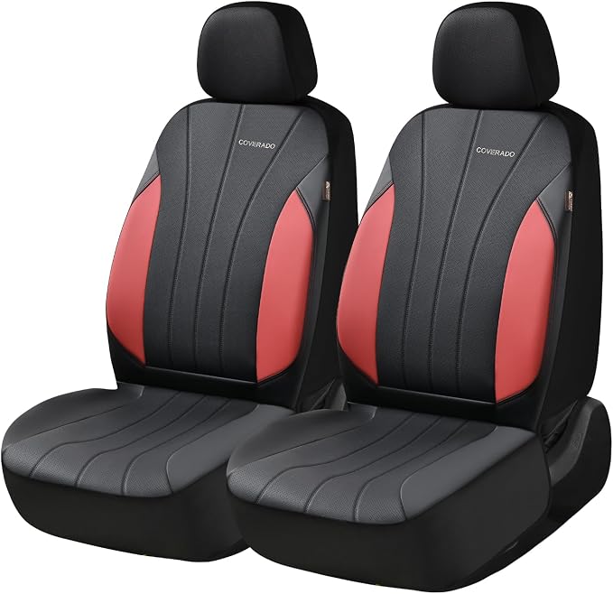 Coverado Car Seat Covers Full Set, 5 Seats Waterproof Nappa Leather Automotive Seat Protectors, Front & Rear Luxury Mesh Seat Covers,All-Weather Universal Fit for Most Cars SUVs, Trucks,Black&Red
