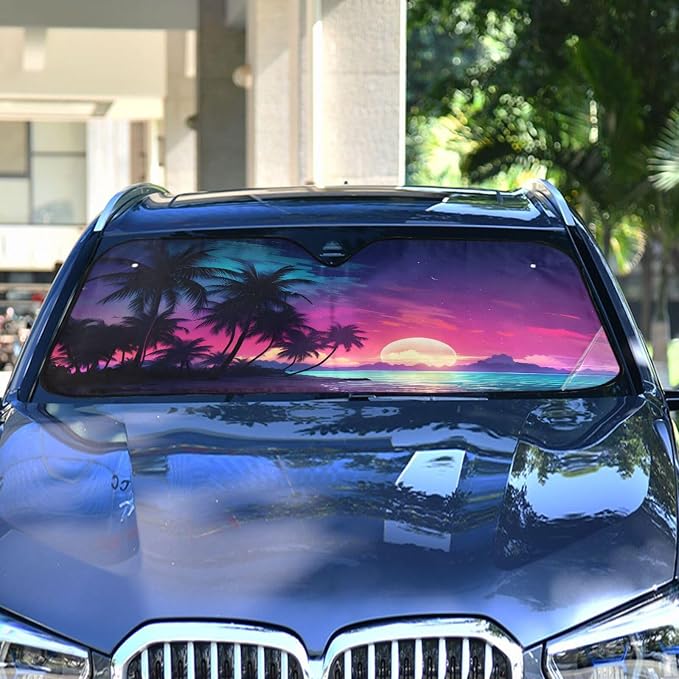 Windshield Sun Shade Palm Tree Beach Tropical Front Window Block UV Shades Visor Reflective Retractable for Car SUV Trucks