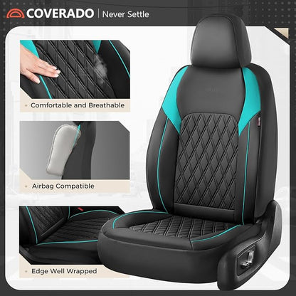 Coverado Front Seat Covers, Car Seat Covers for Cars, Waterproof Driver Seat Covers, Faux Leather Car Seat Cushion, Front Auto Seat Covers Luxury Car Seat Protector Universal Fit Most Cars, Black&Blue