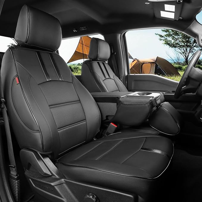 coverdream F150 Seat Covers for 2021-2025 2026 Ford F150 SuperCab XL/XLT & 2023-2026 Super Duty SuperCab XL/XLT,2-Door,Fully Covered,Waterproof Leather Seat Protector(Full Set,Black & Carbon Fiber)