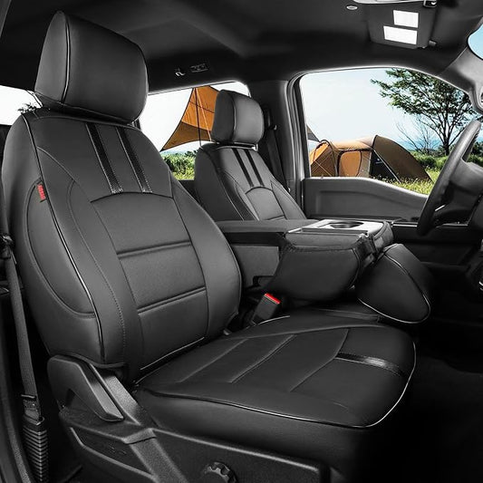 coverdream F150 Seat Covers for 2015-2020 Ford F150 SuperCab & 2017-2022 F250/F350 SuperCab XL/XLT/Lariat,2-Door,Fully Covered,Waterproof Leather Seat Protector(Full Set,Black & Carbon Fiber)