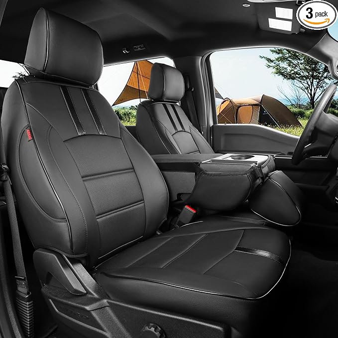 coverdream F150 Seat Covers for 2021-2025 2026 Ford F150 SuperCrew XL,XLT,STX/F150 Lightning(2022-24)/Super Duty(2023-26) XL,XLT,w/No Rear Armrest,Fully Covered,Leather Seat Protector(Full Set,Black)