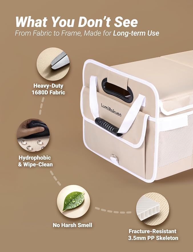 Heavy Duty Trunk Organizer with Lid for Car SUV-1680D Water-Resistant &3.5mm PP Skeleton,Collapsible Storage Box with No Sliding Metal Hooks,Fits Tesla,Truck,Sedan(XL, Cream)
