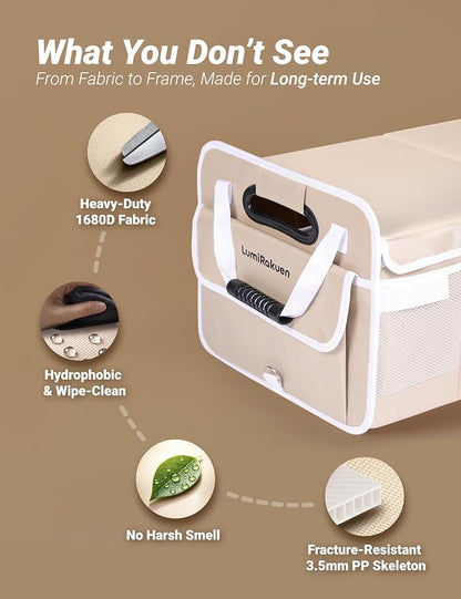 Heavy Duty Trunk Organizer with Lid for Car SUV-1680D Water-Resistant &3.5mm PP Skeleton,Collapsible Storage Box with No Sliding Metal Hooks,Fits Tesla,Truck,Sedan(XL, Cream)