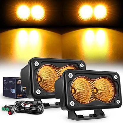 Nilight Motorcycle Amber LED Pods 2 PCS 3 Inch 1070LM Flood Offroad Fog Driving Auxiliary Light w/18AWG DT Wiring Harness Kit for ATV Truck Boat Tractor Forklift