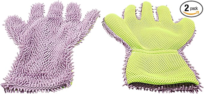 BokWin 2-Pack Car Wash Mitt Scratch Free, 5-Finger Microfiber Wash Mitts, Car Interior Exterior Cleaning Gloves, Auto Chenille Washing Sponge Kits for Cleaning Wheel Tight Spot(Purple)