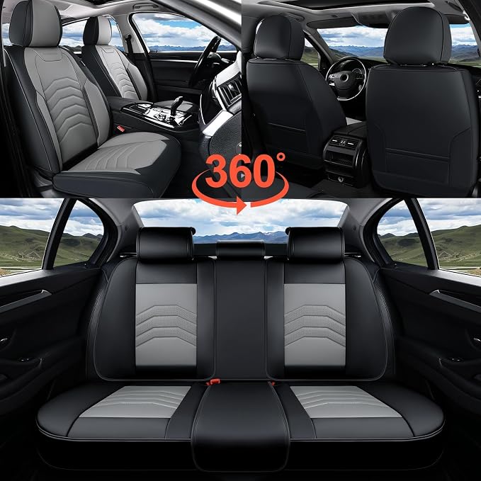 Coverado Car Seat Covers Full Set, Faux Leather Car Seat Covers for Cars, Car Seat Covers Front Seats and Back Car Seat Protector Waterproof, Car Seat Cushion Universal Fit for Most Cars, Black&Gray
