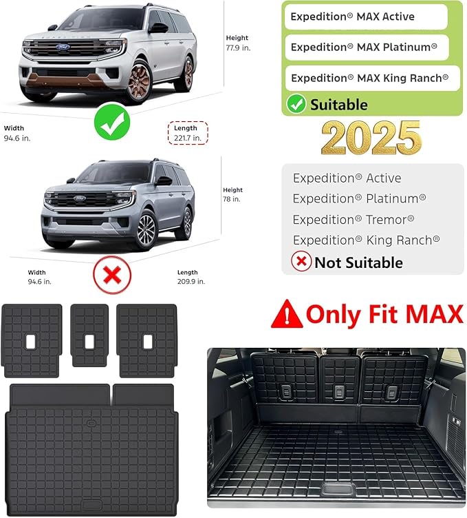 Cargo Mat with Backrest Protection for 2025 Ford Expedition MAX, TPE All Weather Protection Cargo Liner with Velcro Rear Seats Backrest car Accessories-Black