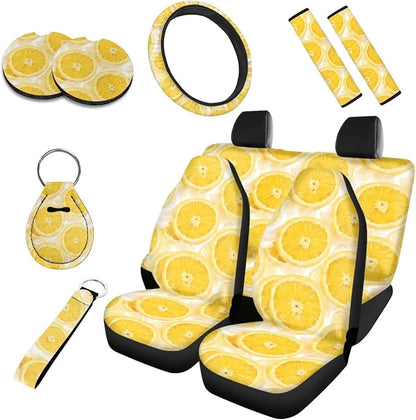 Cute Lemon 10 Piece Car Accessories Set, Yellow Lemon Slice Universal Steering Wheel Cover Orange Fruit Front Seat and Rear Bench for Truck SUV Sedan, Car Decor