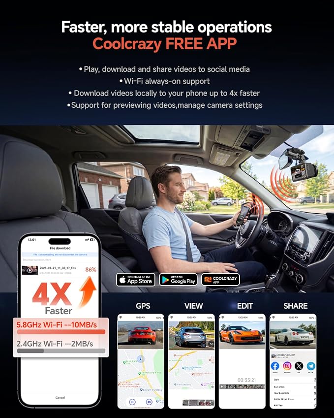 COOLCRAZY Dash Cam Front Rear - 4K STARVIS Sensor Dashcam,Free 64GB Card, Built-in 5G WiFi/GPS, Dual Dash Camera for Cars with 3" IPS Screen,HDR/WDR Night Vision, App Control, 24H Parking Mode