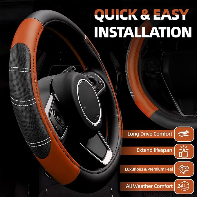 NBTEPEM 6 Pcs Brown Car Accessories Set, Sport Leather Steering Wheel Cover 14.5-15inch Universal, Microfiber Leather Car Center Console Cover, Seat Belt Cushion, Cup Holder Coaster (Black-Brown)