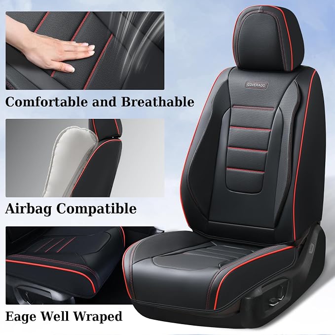 Coverado Seat Covers, Car Seat Covers Front Seats, Car Seat Cover, Car Seat Protector Waterproof, Car Seat Cushion Nappa Leather, Seat Covers for Cars Carseat Cover Universal Fit for Most Cars-Redline