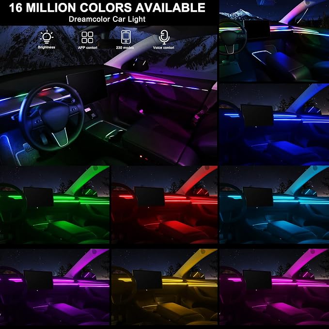 Dreamcolor Acrylic Interior Car LED Strip Light with Wireless APP, RGB 6 in 1 with 175 inches 593 LEDs Fiber Optic Strip Lights for Car, Dynamic Chasing Music Sync Neon Car Ambient Lighting Kits