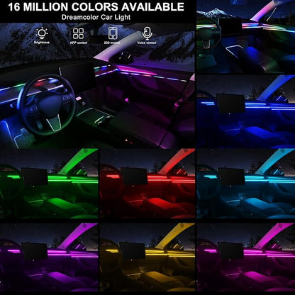 Dreamcolor Acrylic Interior Car LED Strip Light with Wireless APP, RGB 6 in 1 with 175 inches 593 LEDs Fiber Optic Strip Lights for Car, Dynamic Chasing Music Sync Neon Car Ambient Lighting Kits