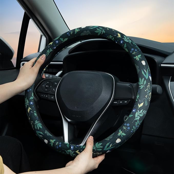 Boho Floral Steering Wheel Cover Auto Steering Wheel Protector, Anti-Slip, Breathable, Absorbing Sweat, Universal Floral Car Accessories 14.5–15 inch,Fit for Most Car, Trucks, SUV