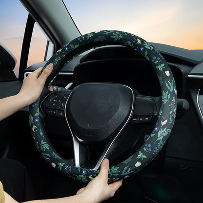 Wild Flowers Steering Wheel Cover Auto Steering Wheel Protector, Anti-Slip, Breathable, Absorbing Sweat, Universal Floral Car Accessories 14.5–15 inch,Fit for Most Car, Trucks, SUV