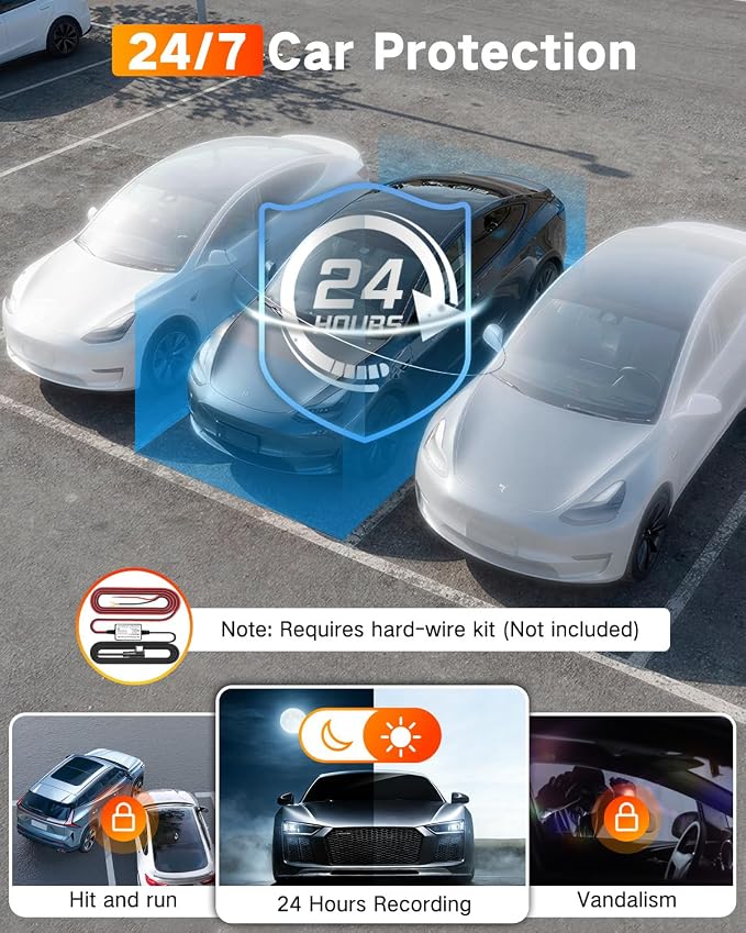 WECOOL 4K UHD 3 Channel Dash Cam Front and Rear Inside, Free 64GB Card Included, 360° Wide-Angle Full-View Dash Camera for Cars with Night Vision, 24H Parking Mode, G-Sensor, Loop Recording, 5GHz WiFi