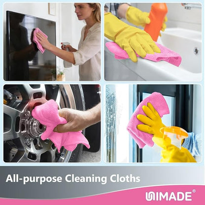 UNIMADE Microfiber Cleaning Cloth, 100 Sheets Microfiber Towels for Cars Commercial Grade Washcloths Lint-Free Bulk Shop Towel Cleaning Rags for Household Restaurant Garage Housekeeping,11"x 9", Pink