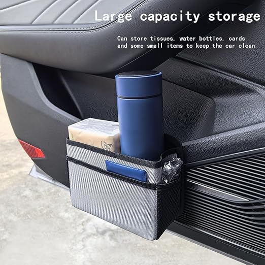 Car Trash Can, Foldable Multifunctional Hanging Storage Box Trash Can with a Roll of Garbage Bag, Multi Pocket Design Suitable for Car, Home, and Office Car Trash Cans (Beige)