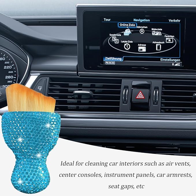 Bling Car Interior Dust Brush, Crystal Rhinestone Soft Auto Detailing Cleaning Brush, Sparkling Diamond Vehicle Dashboard Air Vent Cleaner for Women Girls, Universal for Vehicles (Blue)