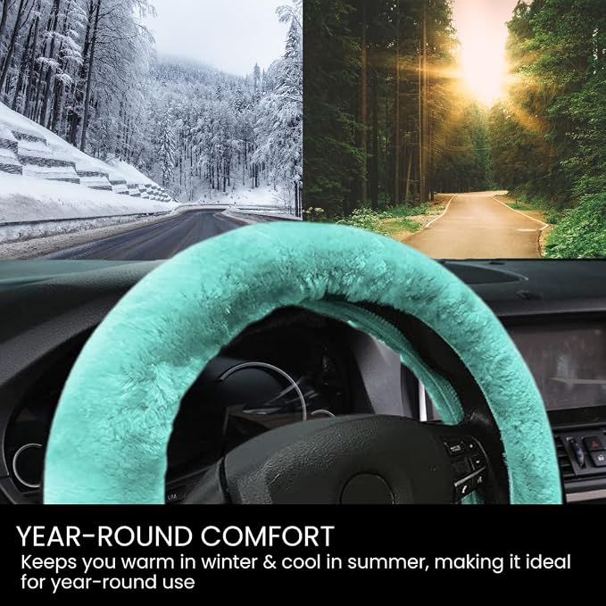 Andalus Brands Luxury Fluffy Car Steering Wheel Covers – Genuine Merino Sheepskin, Soft Fuzzy Car Steering Wheel Cover for Women, Universal 14.5-15" Size, Plush Fur Cute Auto Accessories, Mint Green
