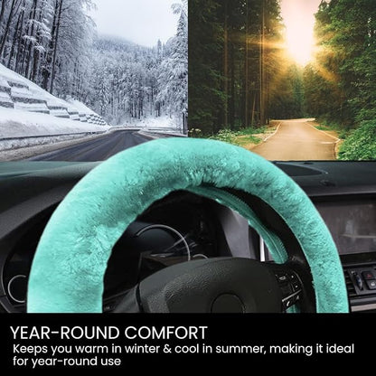 Andalus Brands Luxury Fluffy Car Steering Wheel Covers – Genuine Merino Sheepskin, Soft Fuzzy Car Steering Wheel Cover for Women, Universal 14.5-15" Size, Plush Fur Cute Auto Accessories, Mint Green