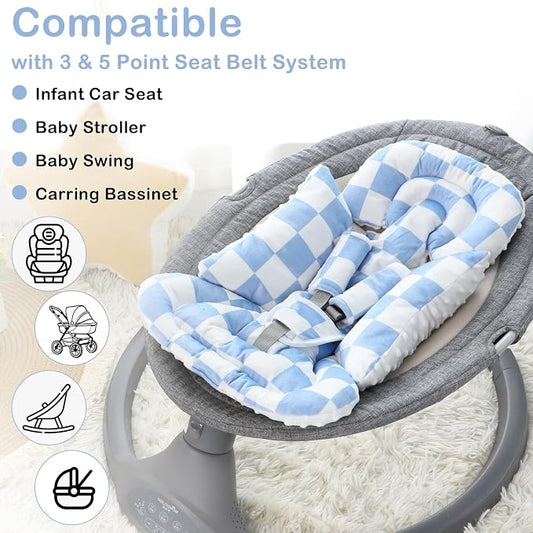 DILIMI Infant Car Seat Insert, Baby Car Seat Head Support with 3 Strap Paddings, Soft Newborn Car Seat Cushion for Stroller, Swing, Bouncers, Blue Checkered