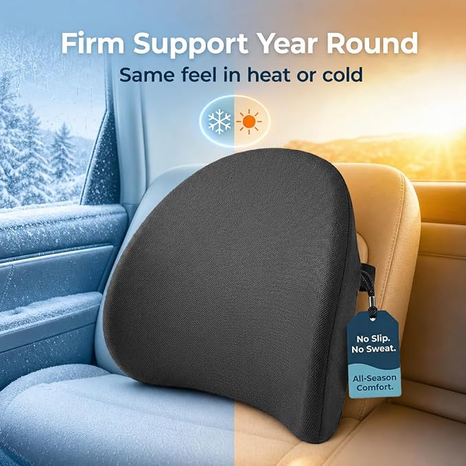 Lumbar Support Pillow for Office Chair & Car Seat, All-Season Memory Foam for Lower Back Pain Relief, Non-Slip Back Cushion with Dual Straps for Desk Workers & Drivers, Black