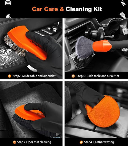 YeewayVeh 7PCS Car Interior Detailing Kit, Horse Hair Leather Brush for Car Seat, Carpet Brush, Soft Car Detailing Brush, Microfiber Towels & 2 Wax Applicator Pads, Car Interior Care Kit, Orange