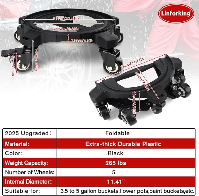 Upgraded Foldable Car Wash Bucket Dolly 5 Gallon with Wheels,360°Rolling Car Wash Buckets Dolly for Washing, Waxing, Removable Bucket Mover,Fits 3.5–5 Gallon Buckets,Supports Up to 265 lbs
