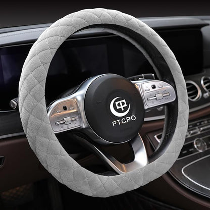 Soft Car Steering Wheel Cover for Sedan, SUV, Warm Luxury Velvet, Odorless, Universal, Anti Slip, Summer Winter, Gray, D Shape(Flat Bottom)
