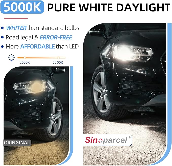 Sinoparcel H4/9003 Halogen Headlight Bulbs White 5000K, High and Low Beam, Brighter Replacement for Standard 60W/55W Light, Pack of 2