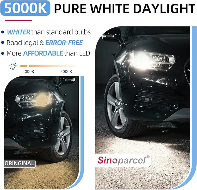Sinoparcel 9005/HB3 Halogen High Beam Headlight 5000K White, Brighter Replacement for Standard 65W Bulb, Pack of 2