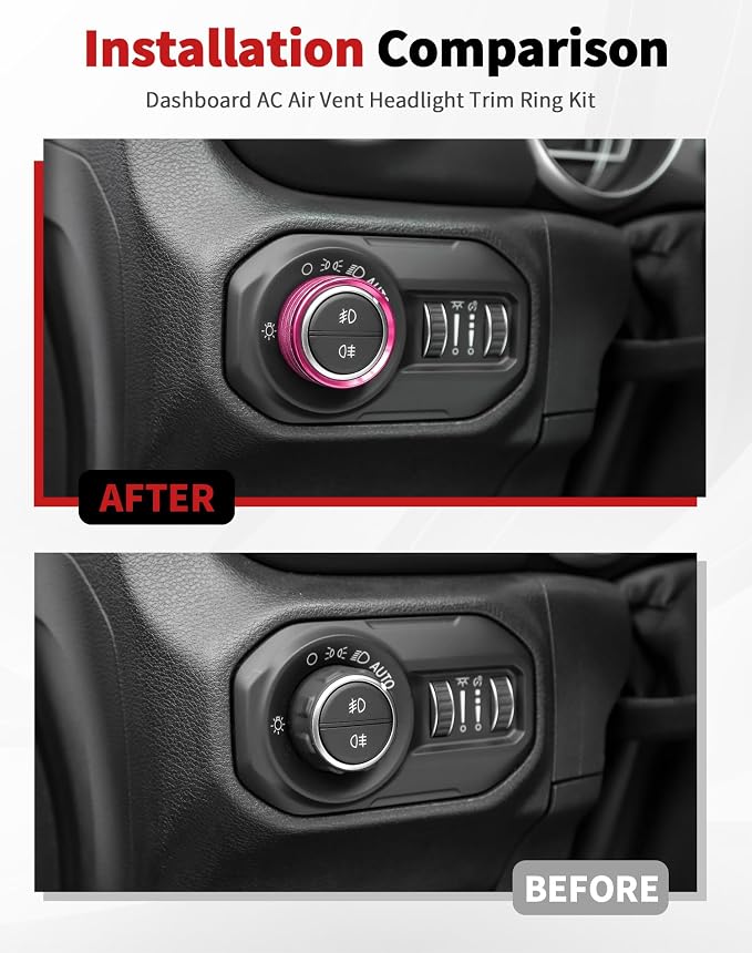 JWWY JL AC Air Vent Trim Rings & Dashboard Headlight Switch Decor Switch Knob Cover Kit Fit for 2018-2023 Jeep Wrangler JL JLU Interior Accessories, Aluminum Alloy 8PCS Pink