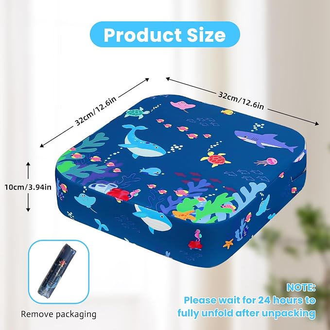 Toddler Booster Seat for Dining Table, 4" Kids Booster Seat for Kitchen Chair with Non-Slip Bottom, Portable Detachable Washable Increasing Cushion with 2 Adjustable Straps (Marine Animals)