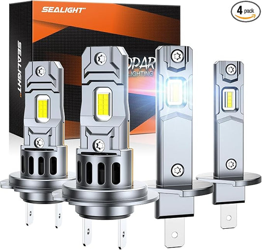 SEALIGHT S2S H1 H7 Light Bulbs Combo, 140,000LM Super Brighter, 6500K Pure White H1 H7 LED Fog Bulbs, 70K+ Hours Lifespan, Replacement Shift Light Gauges, 4-Pack for Powersports/ATV Lamps