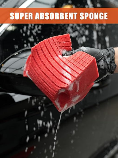 Car Wash Sponge, SPTA 3 Pack Big Red Sponge, Scratch-Free Car Cleaning Sponge, Durable Cross Cut Grid Sponge for Auto Multi Use Cleaning Washing Surfaces