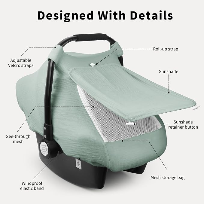 Rquite Car Seat Cover Baby, Carseat Covers Girl Boy, Breathable Muslin Cotton, Large Mesh Window, Infant Car Seat Canopy Baby Carrier Cover Stroller Sun Shade for Summer & Hot Day, Green
