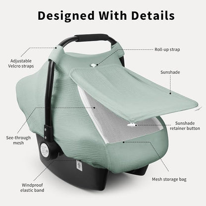 Rquite Car Seat Cover Baby, Carseat Covers Girl Boy, Breathable Muslin Cotton, Large Mesh Window, Infant Car Seat Canopy Baby Carrier Cover Stroller Sun Shade for Summer & Hot Day, Green