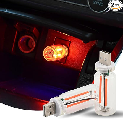 JSCARLIFE 2 PCS Car USB Ambient Lights, Touch Dimmable Car Interior Ambient Lights, 4-Level Brightness Mini Retro Glass Bottle Lamp Decorations for Car/Bedroom/Study (Red)